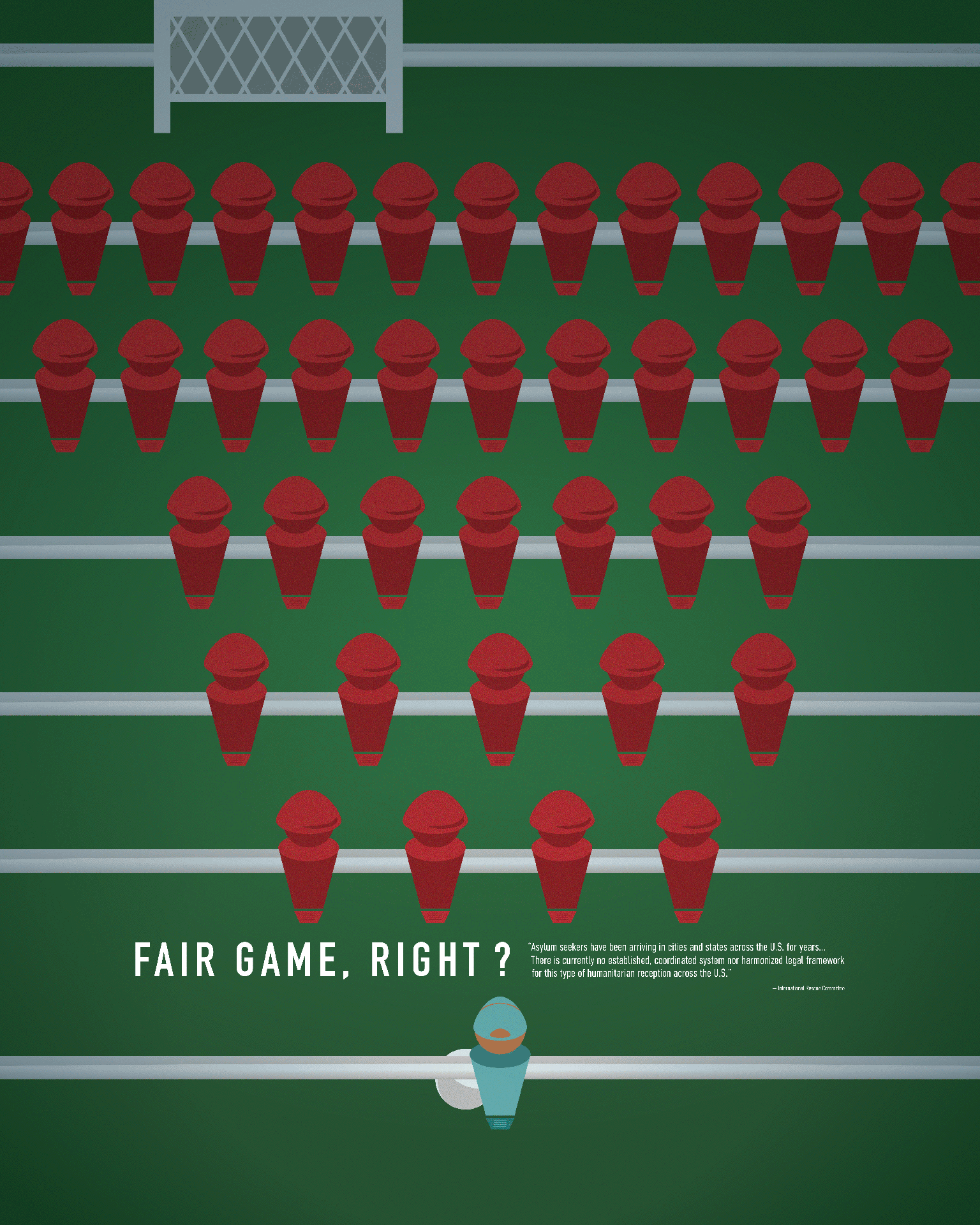 a fooseball table full of red players against one single blue player,
                who is making a shot to a goal that is also on a swivel.